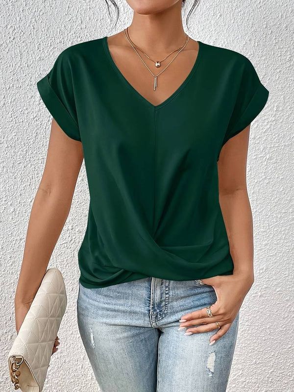 Solid Round Neck Short Sleeve T-shirt for Women